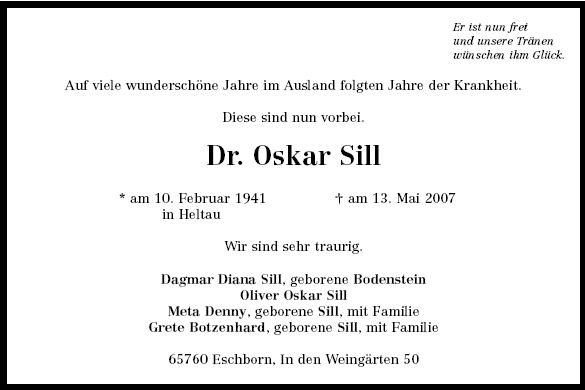 Sill Oskar1941-2007 Todesanzeige